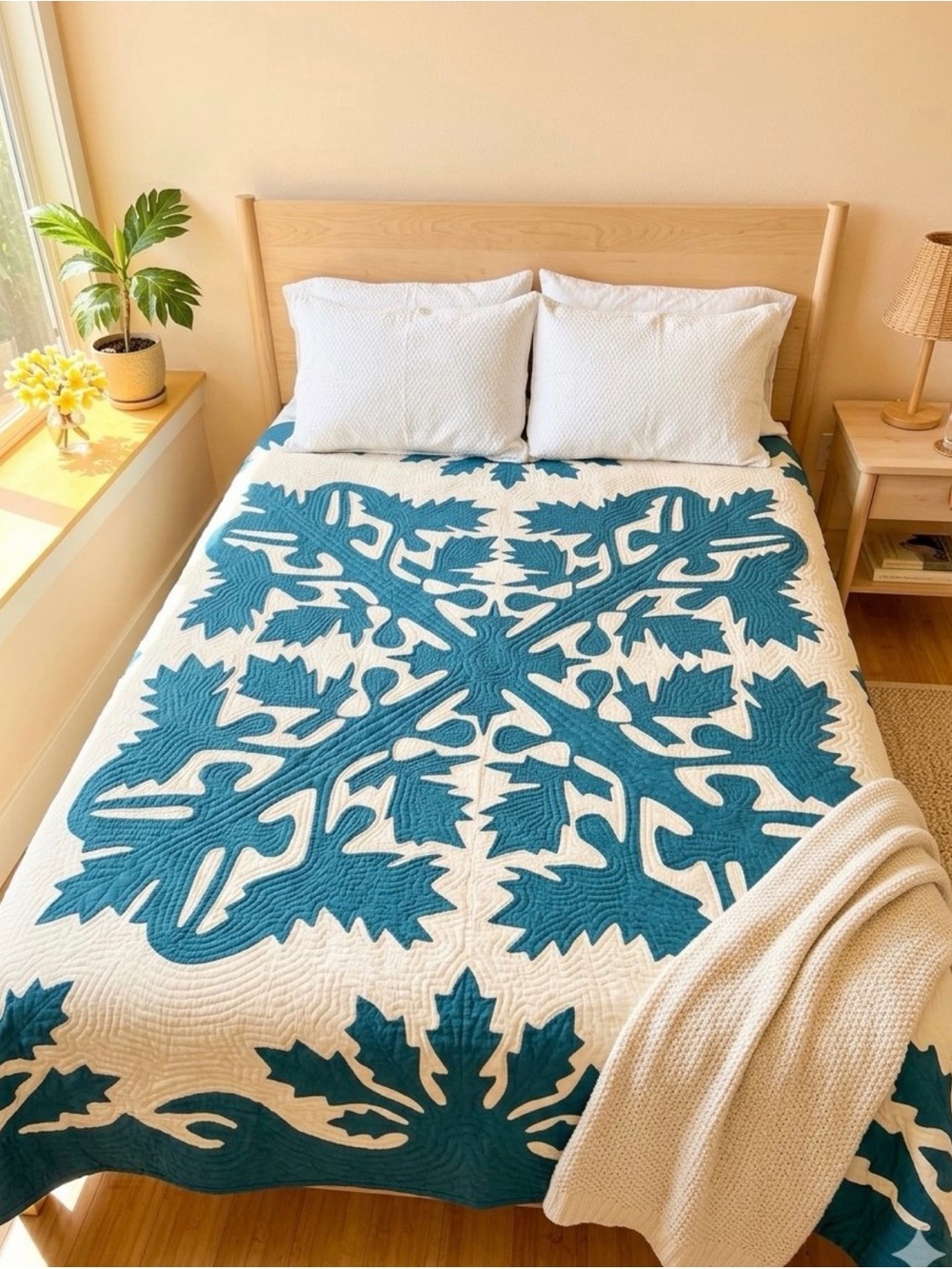 Beautiful Teal and White Hawaiian Quilt Bedspread